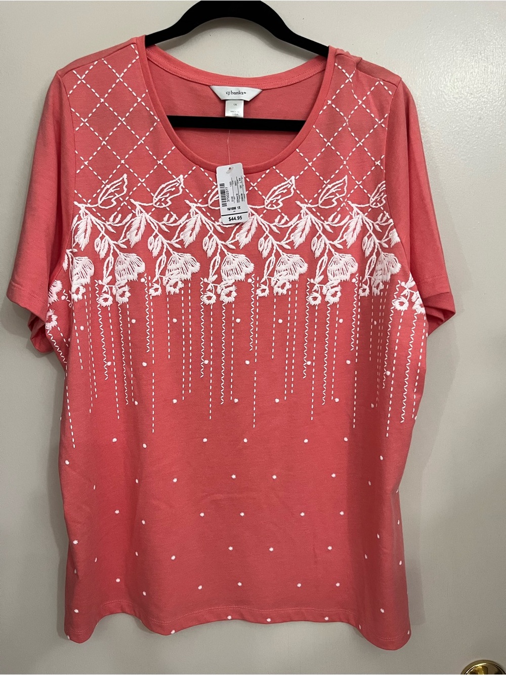 CJ Banks Coral Short Sleeve Scoop Neck Top with White Floral Print